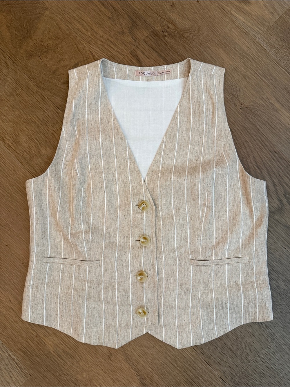 ESQUALO Beige & White Striped Linen-Blend Button Vest